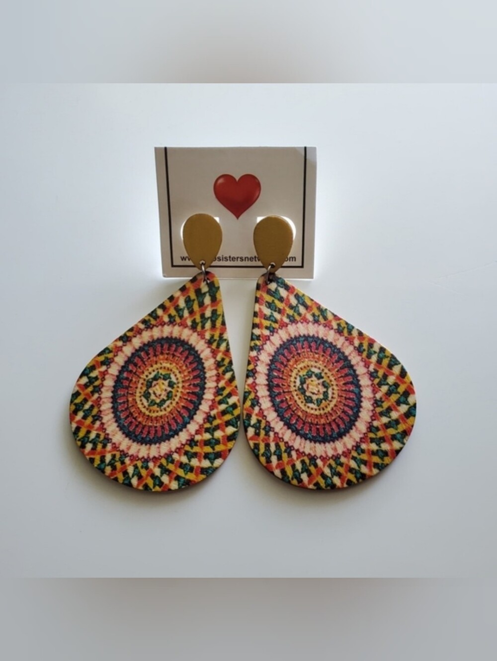 Boho Earth Tone Woven Mandala Pattern Wooden Teardrop Earrings